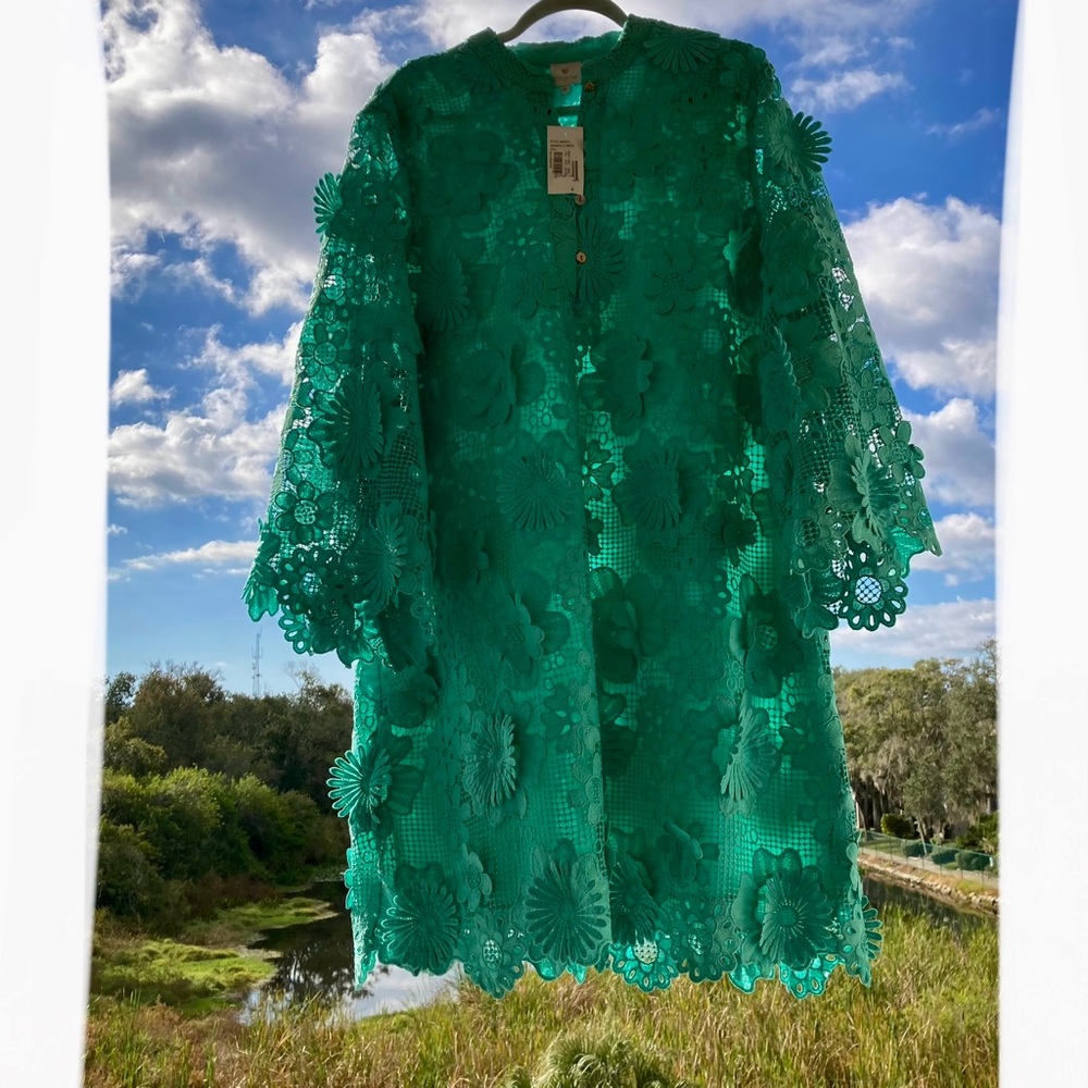 Elegant Teal Floral Lace Long Sleeve Dress/Emerald Green 3D Lace/SIZE: XL
